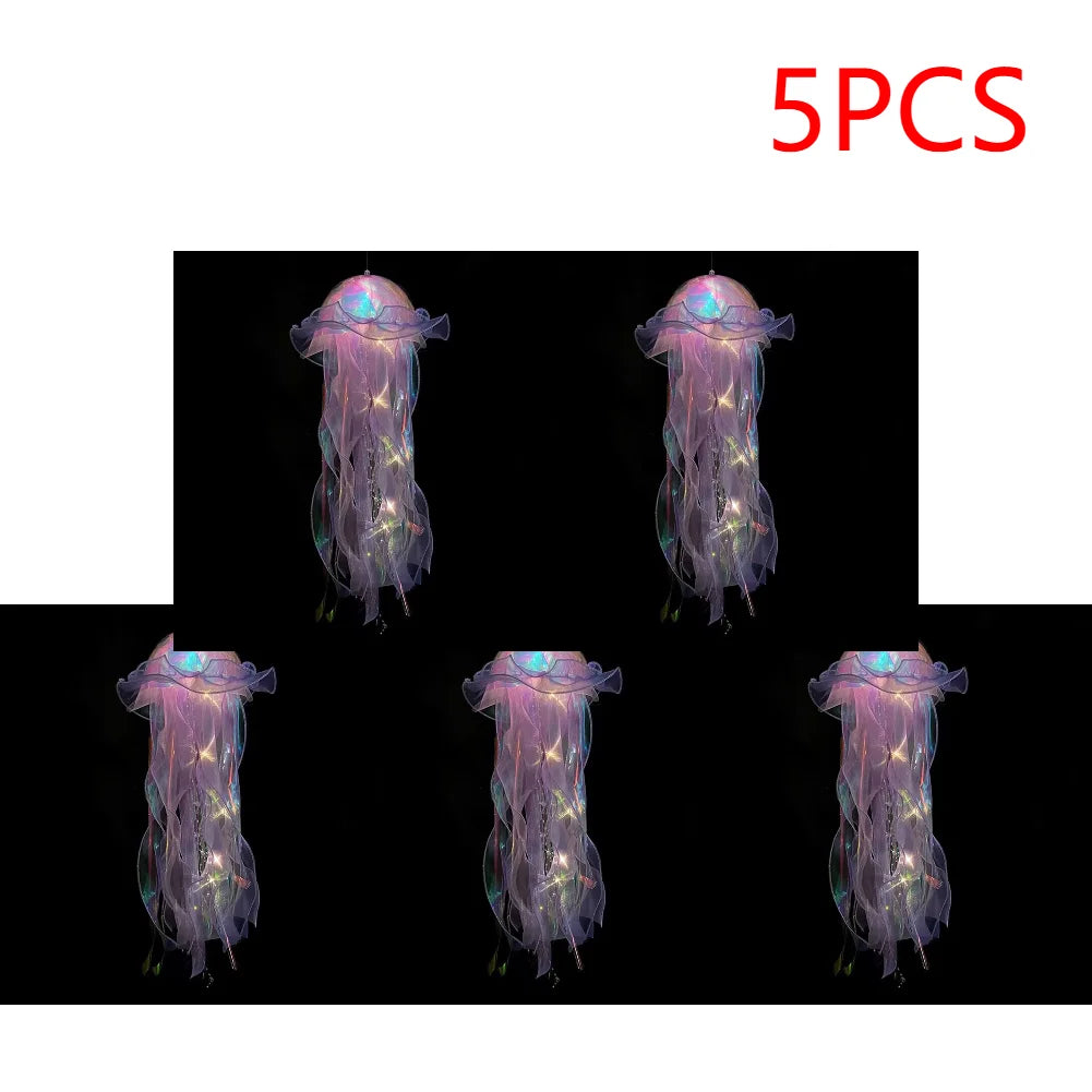 5PCS Realistic Jellyfish Hanging LED Night Light Set - Button Battery Powered Room & Party Decor