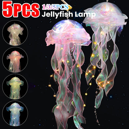 5PCS Realistic Jellyfish Hanging LED Night Light Set - Button Battery Powered Room & Party Decor