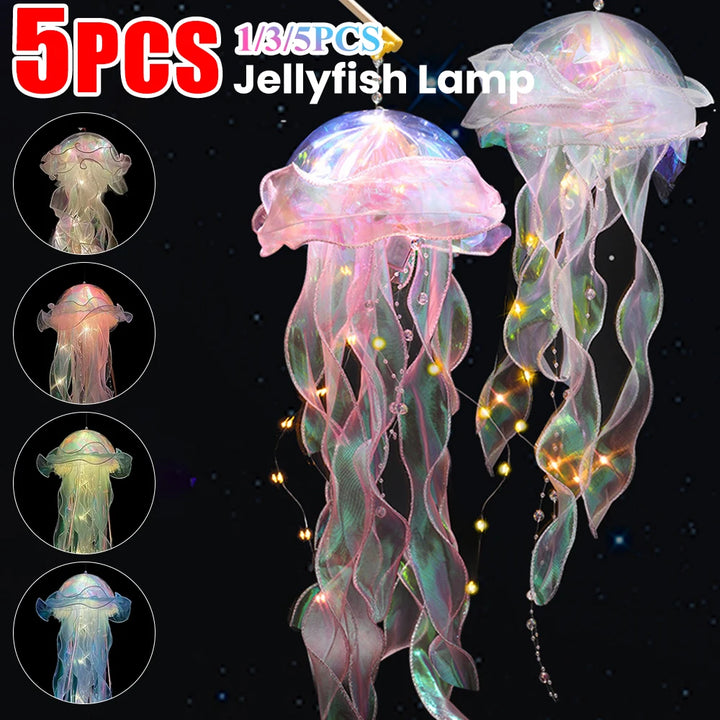 5PCS Realistic Jellyfish Hanging LED Night Light Set - Button Battery Powered Room & Party Decor