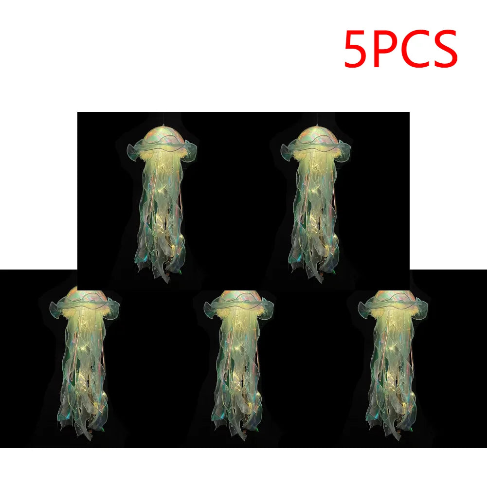 5PCS Realistic Jellyfish Hanging LED Night Light Set - Button Battery Powered Room & Party Decor