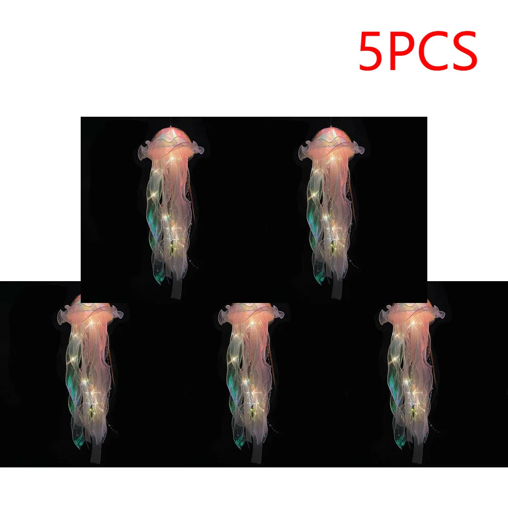 5PCS Realistic Jellyfish Hanging LED Night Light Set - Button Battery Powered Room & Party Decor