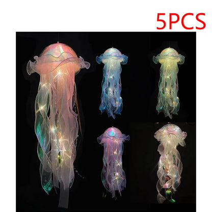 5PCS Realistic Jellyfish Hanging LED Night Light Set - Button Battery Powered Room & Party Decor